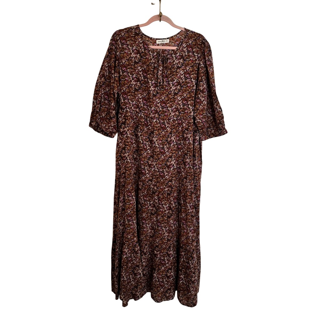 Natural Life Maxi Dress Size M Brown Floral Tiered Boho Tie Neck Relaxed Fit